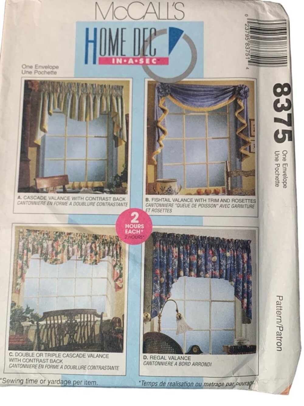 McCall's Home Dec In a Sec Pattern 8375 Window Valance Designs Uncut